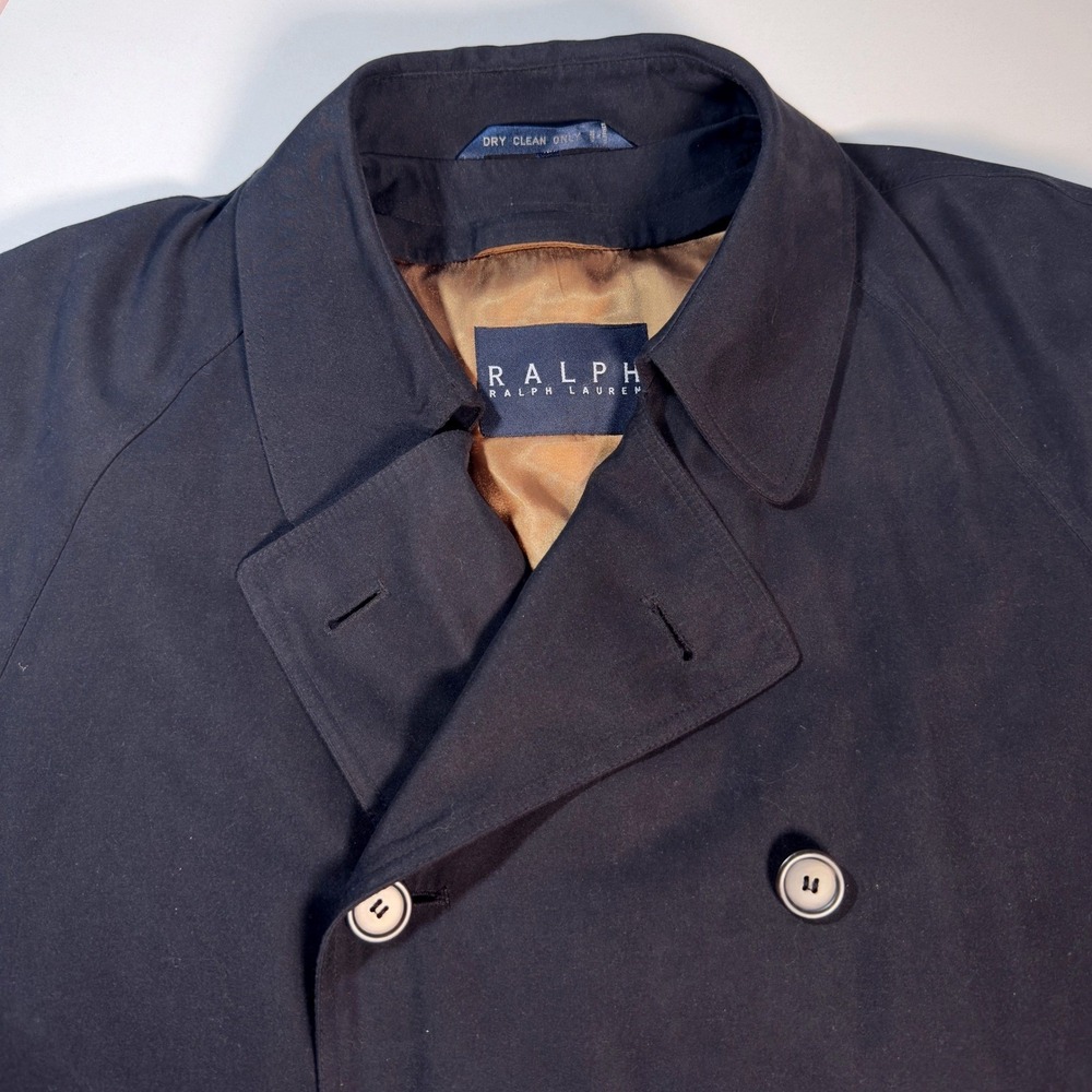Ralph Lauren Trench Coat Mens 42L Black Excellent Double Breasted Belted Long